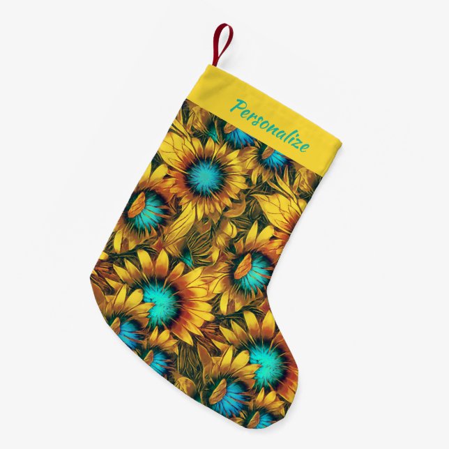 Abstract Gold Teal Sunflowers Floral Holiday  Small Christmas Stocking (Front (Hanging))