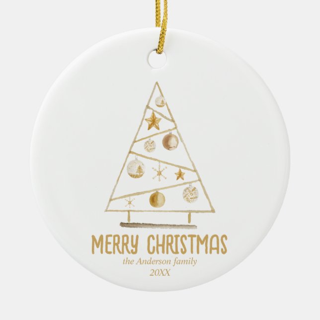 Abstract Gold Tree Merry Christmas Ceramic Ornament (Front)