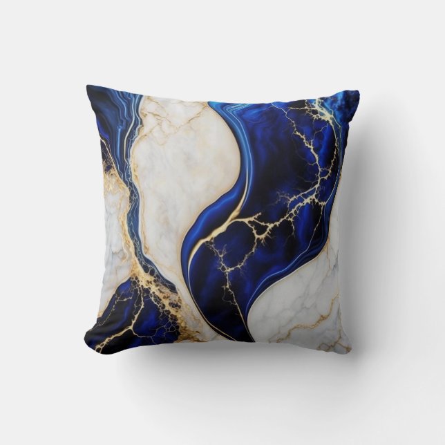 Abstract Gold, White & Royal Blue Throw Pillow (Front)
