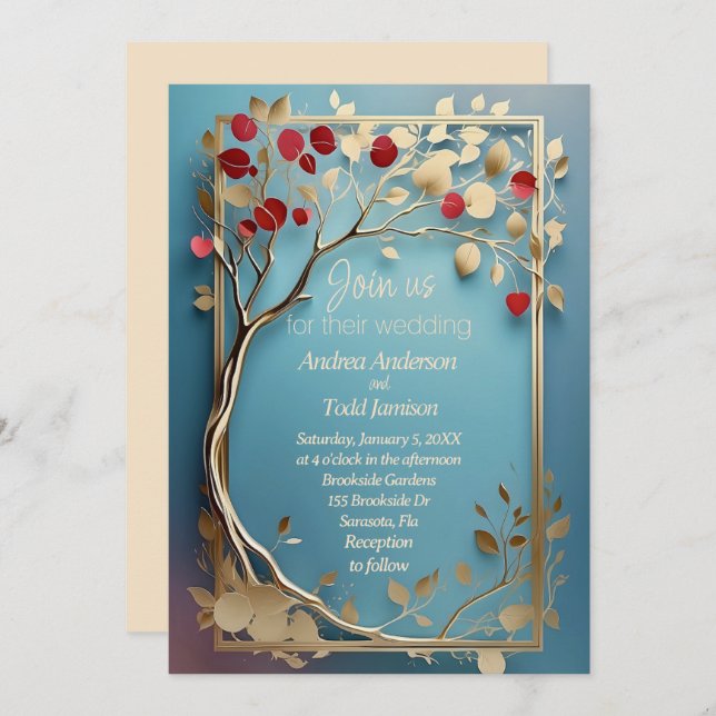 Abstract golden apple tree wedding invitation (Front/Back)
