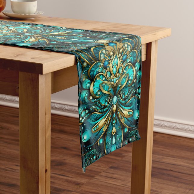 Abstract Golden Floral Blue Green Elegant Pattern Long Table Runner (In Situ)