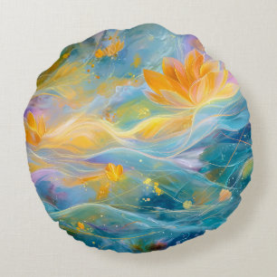 Abstract Golden Lotus Floating Flowers  Round Pillow