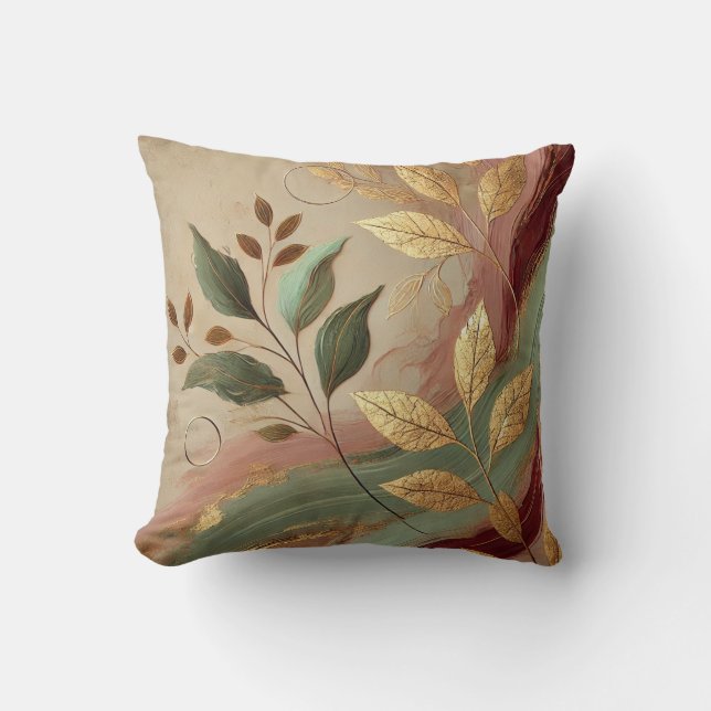 Abstract Golden-Olive Leaf Artwork Style 5 Throw Pillow (Front)