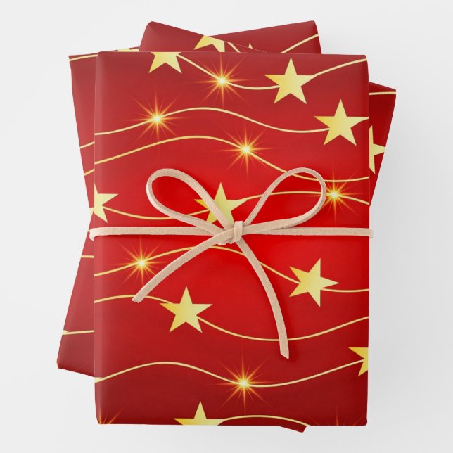 Abstract Golden Stars Christmas Red  Wrapping Paper Sheet (In situ)