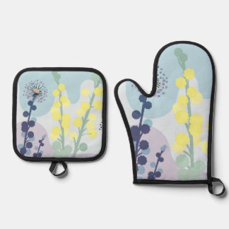 Abstract Golden Wattle Modern Acacia Illustrative Oven Mitt & Pot Holder Set