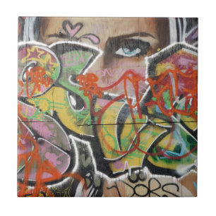 abstract graffiti art mural text type womans face tile
