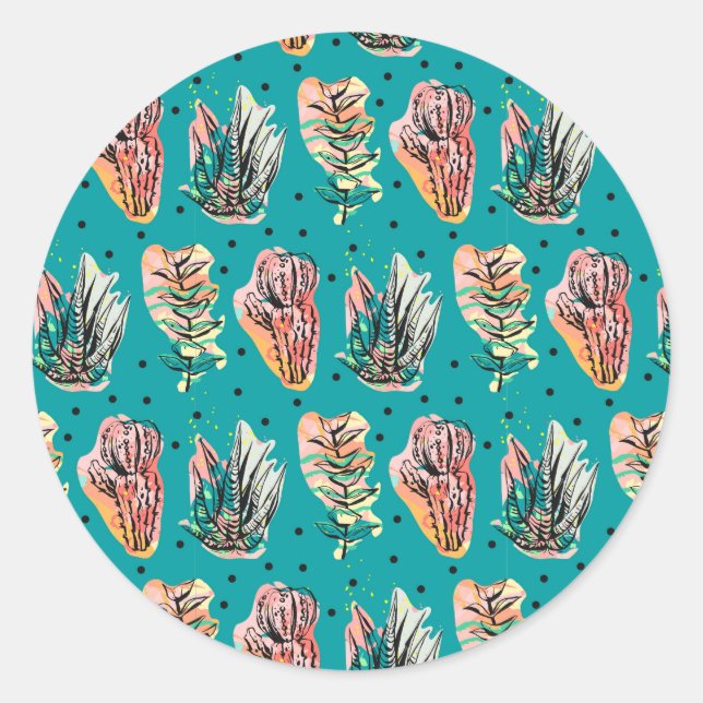 Abstract Graphic Cactus Succulent Pattern Classic Round Sticker (Front)