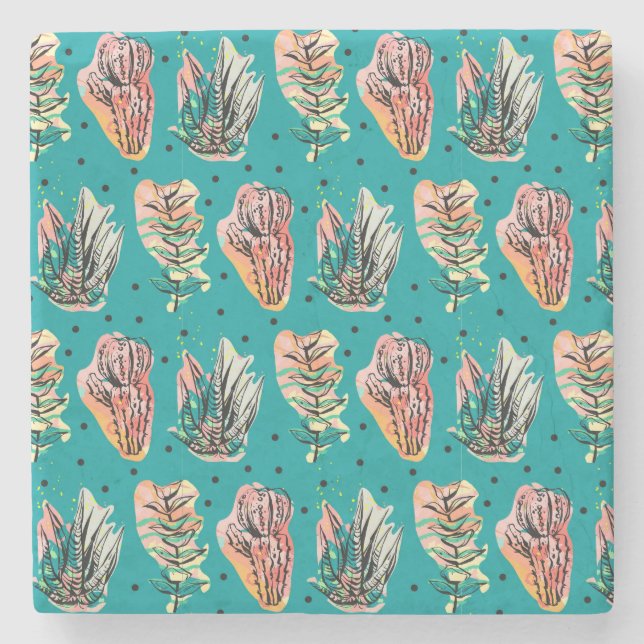 Abstract Graphic Cactus Succulent Pattern Stone Coaster (Front)