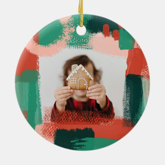 Abstract graphic red, pink + green joyful photo ceramic ornament (Back)