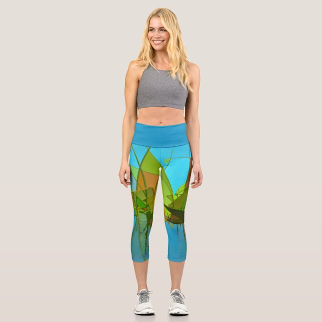 Abstract Grasses Turquoise Capri Leggings (Front)