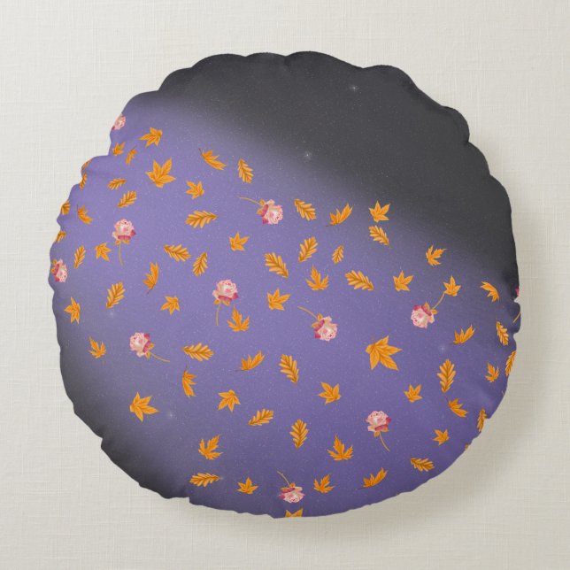 Abstract gray blue moonlight autumn leaves roses  round pillow (Front)