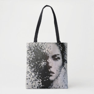 Abstract grayscale pixel portrait with soft edges tote bag