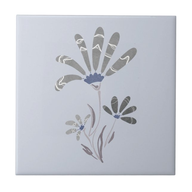 Abstract Grayscale Psychedelic Flowers Tile (Front)