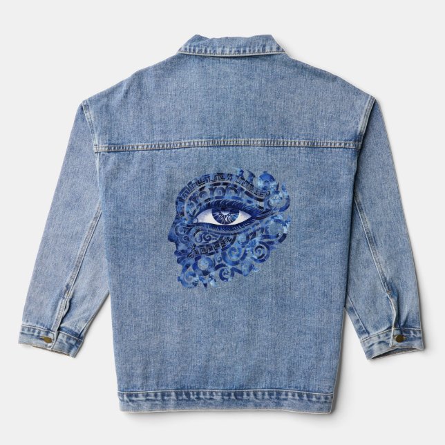 Abstract Greek Evil Eye With Greek Key Denim Jacket (Back)