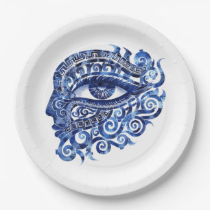 Abstract Greek Evil Eye With Greek Key Paper Plate
