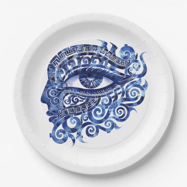 Abstract Greek Evil Eye With Greek Key Paper Plate (Front)