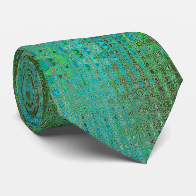 Abstract Green and Blue Retro Boomerang Waves Tie (Rolled)