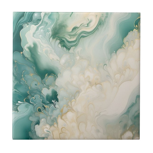 Abstract Green and Faux Gold Watercolor Marble Tile (Front)