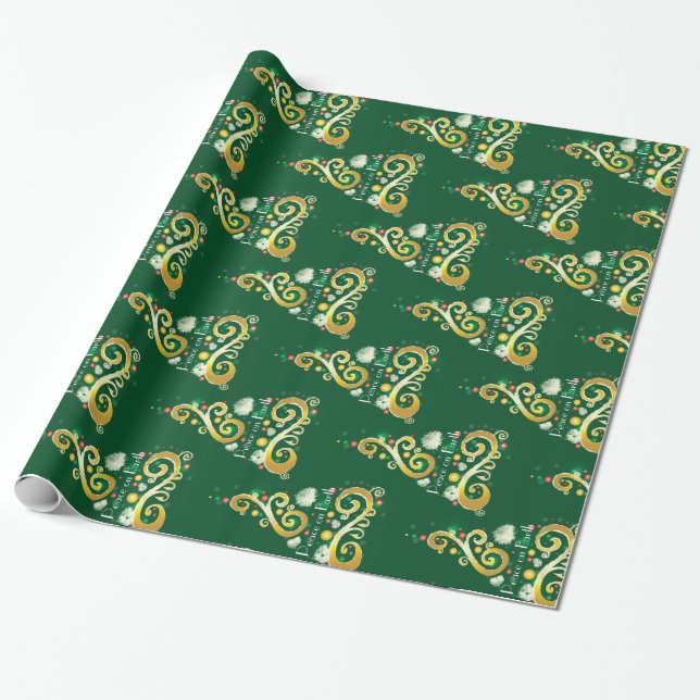 Abstract green and gold Christmas tree pattern Wrapping Paper (Unrolled)