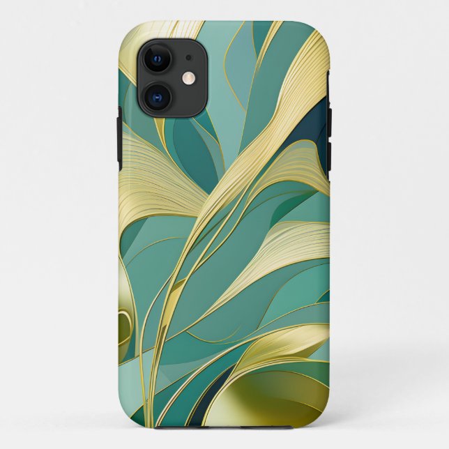 Abstract Green and Gold Leaves Design Case-Mate iPhone Case (Back)
