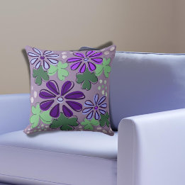 Abstract Green and Purple Clover & Flower Doodle Throw Pillow
