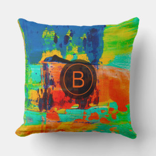 Abstract Green Blue Orange Brown Custom Monogram Throw Pillow