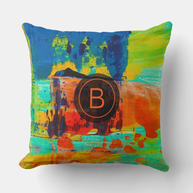 Abstract Green Blue Orange Brown Custom Monogram Throw Pillow (Front)