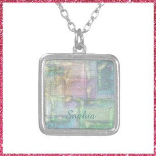 Abstract Green Blue Pink Textured Pattern  Silver Plated Necklace