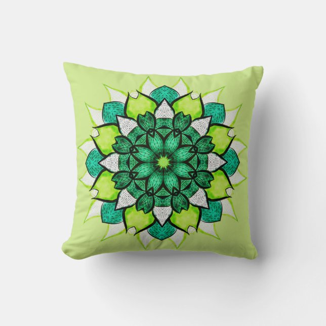 Abstract Green Boho Floral Mandala  Throw Pillow (Front)