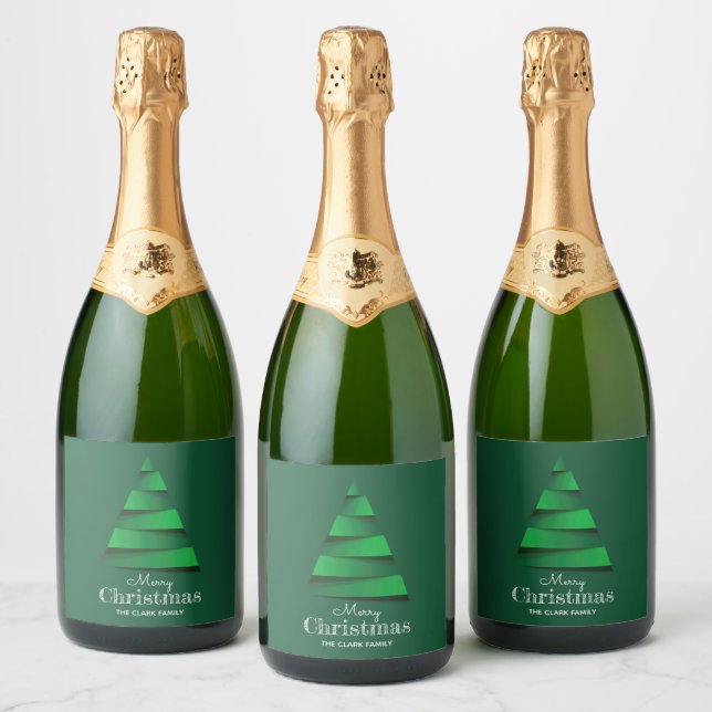 Abstract Green Christmas Tree Holiday Sparkling Wine Label (Bottles)