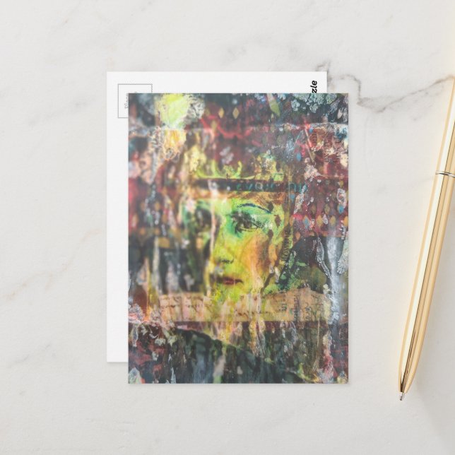 Abstract Green Face Mixed Media Collage Postcard (Front/Back In Situ)