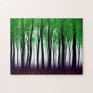 Abstract Green Forest With Red Bloom Flowers Jigsaw Puzzle