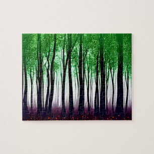 Abstract Green Forest With Red Flowers Jigsaw Puzzle