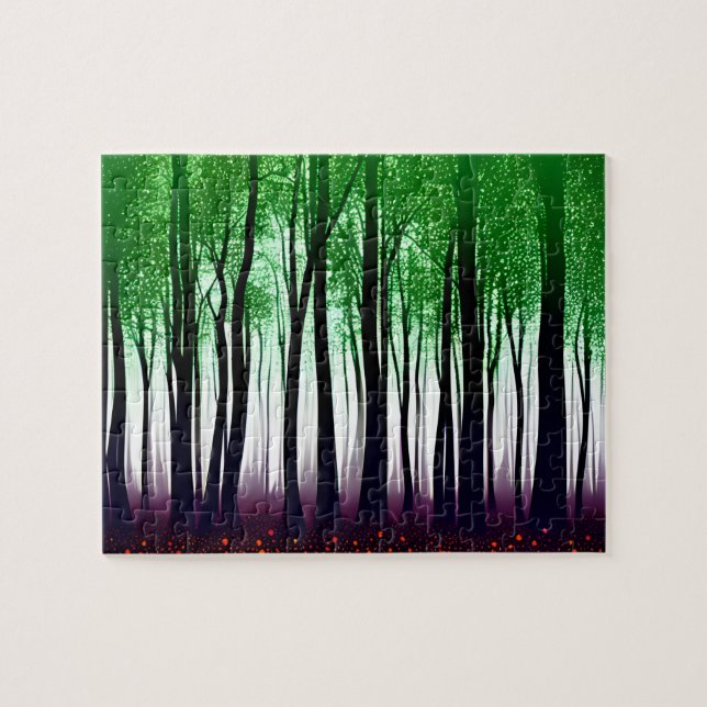 Abstract Green Forest With Red Flowers Jigsaw Puzzle (Horizontal)