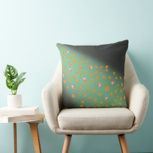 Abstract green moonlight autumn leaves roses  throw pillow