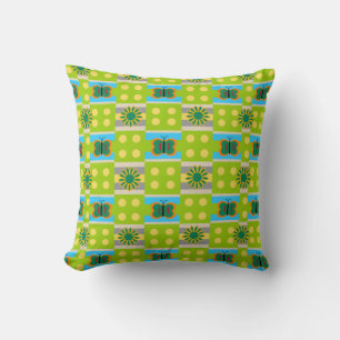 Abstract Green Pattern with Flowers Butterflies Throw Pillow