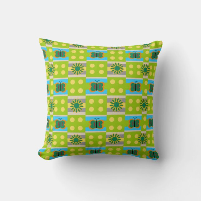 Abstract Green Pattern with Flowers Butterflies Throw Pillow (Front)