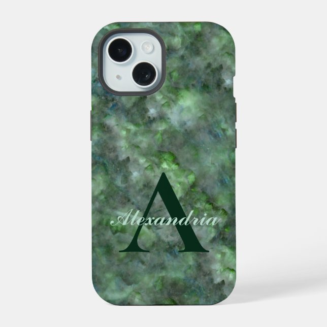 Abstract green quartz marble granite monogram iPhone 15 case (Back)