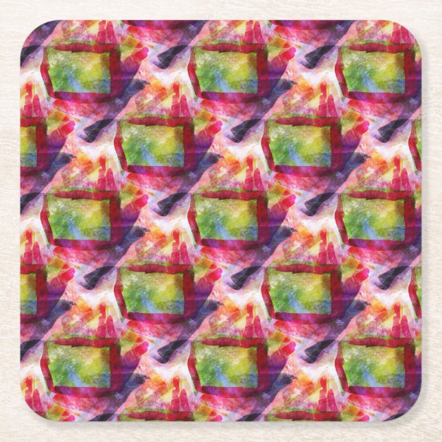 Abstract green, red wallpaper square paper coaster (Front)