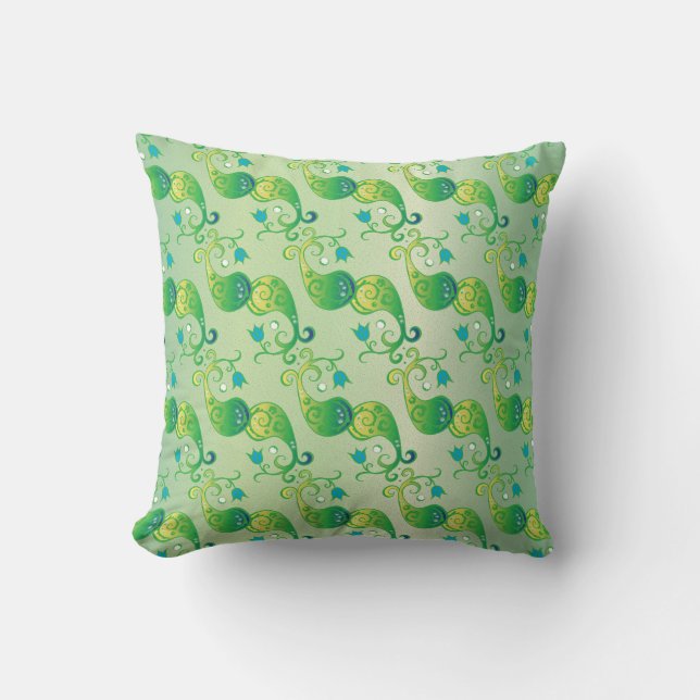 Abstract Green Tulip Boteh Floral Pattern Throw Pillow (Front)