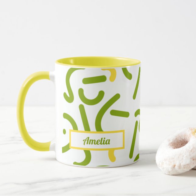 Abstract Green Yellow Lines  Mug (With Donut)