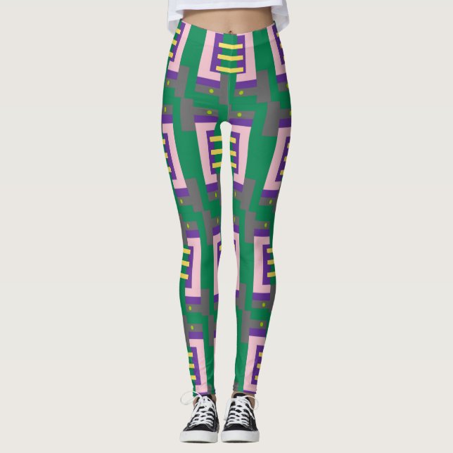 Abstract Green Yellow Pattern with Lines and Dots Leggings (Front)