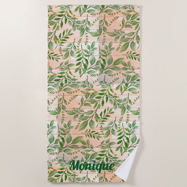 Abstract Greenery on Faux Wood Background  Beach Towel (Front)