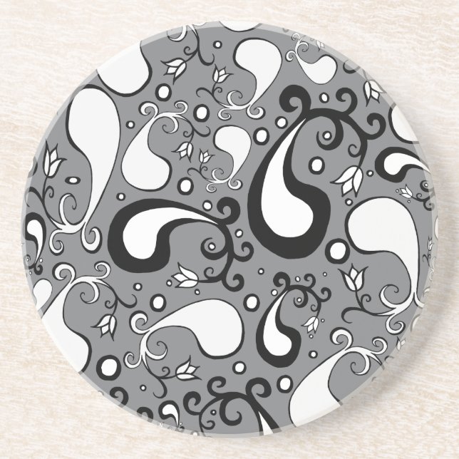 Abstract grey and white Tulip Paisley pattern Coaster (Front)