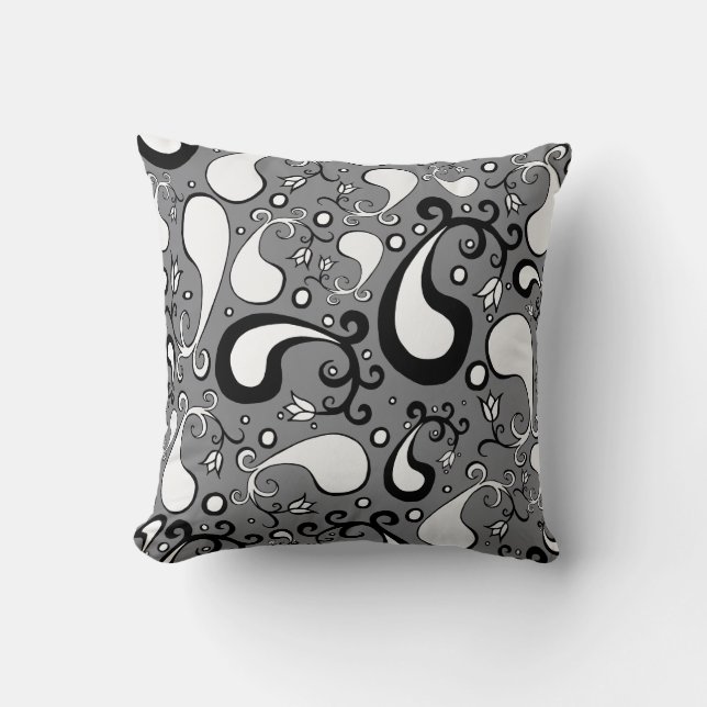 Abstract grey and white Tulip Paisley pattern Throw Pillow (Front)