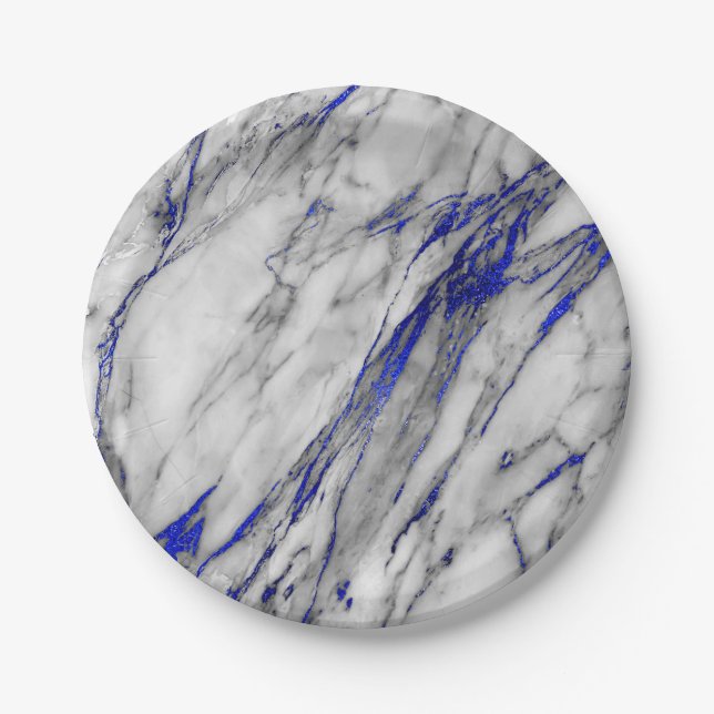 Abstract Grey Blue Navy Marble Glam Golden Vip Paper Plate (Front)