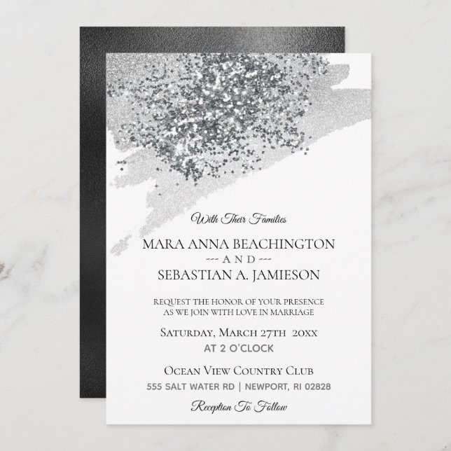 *~* Abstract Grey Brush Stroke Silver Glitter Invitation (Front/Back)