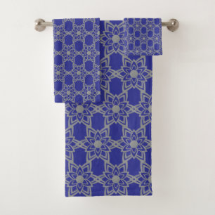 Abstract Grey Flower Mandala Pattern on Deep Blue Bath Towel Set