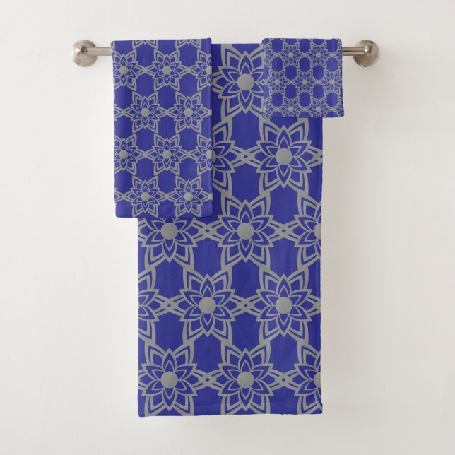 Abstract Grey Flower Mandala Pattern on Deep Blue Bath Towel Set (Insitu)