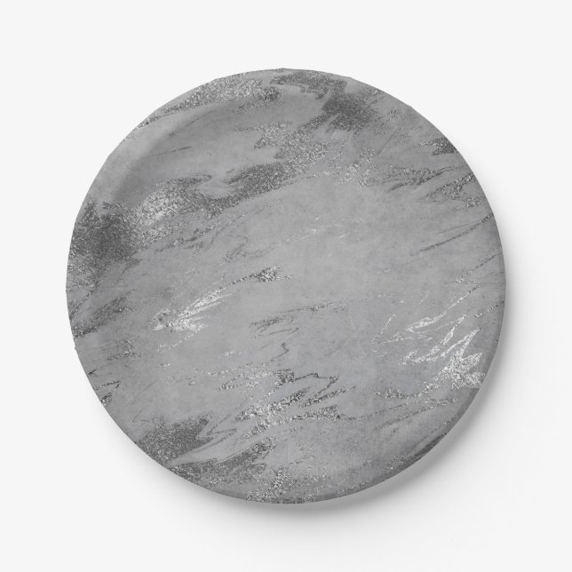 Abstract Grey Graphite Silver Marble Party Vip Paper Plate (Front)